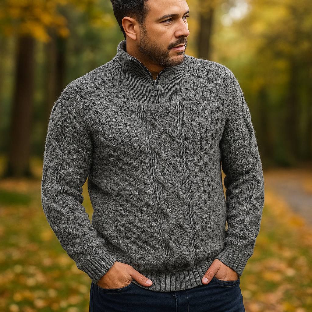 Pull en Câble pour Homme – Col Haut avec Fermeture Éclair – Manches Côtelées