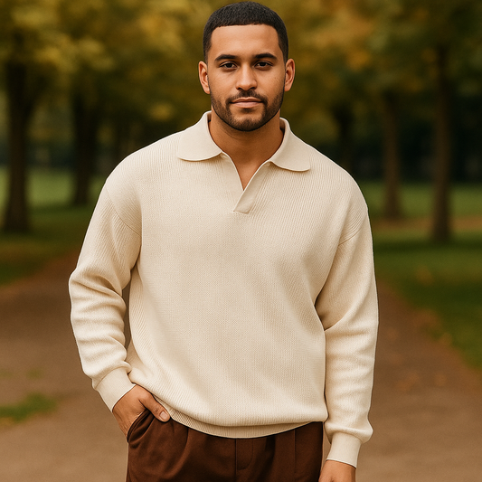 Pull en tricot pour homme - Coupe décontractée - Mélange de coton côtelé - Manches longues