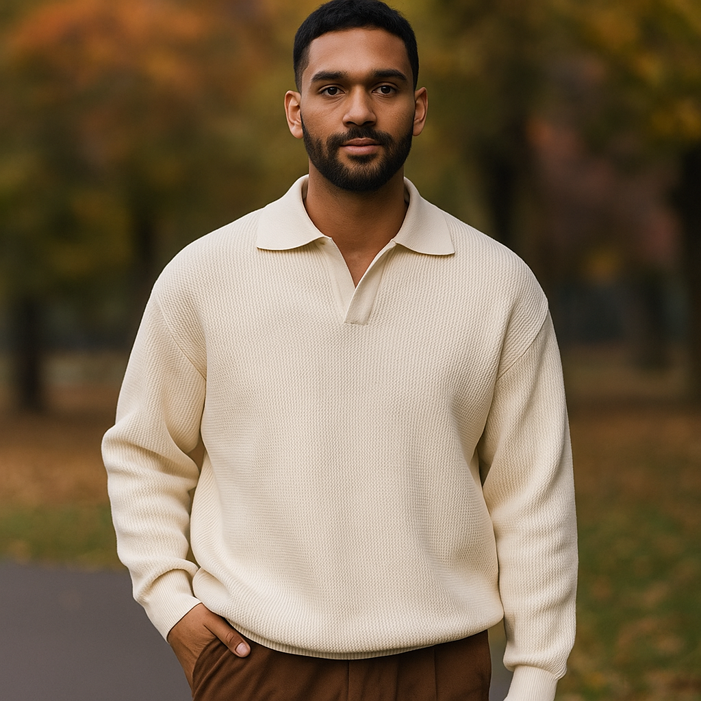 Pull en tricot pour homme - Coupe décontractée - Mélange de coton côtelé - Manches longues