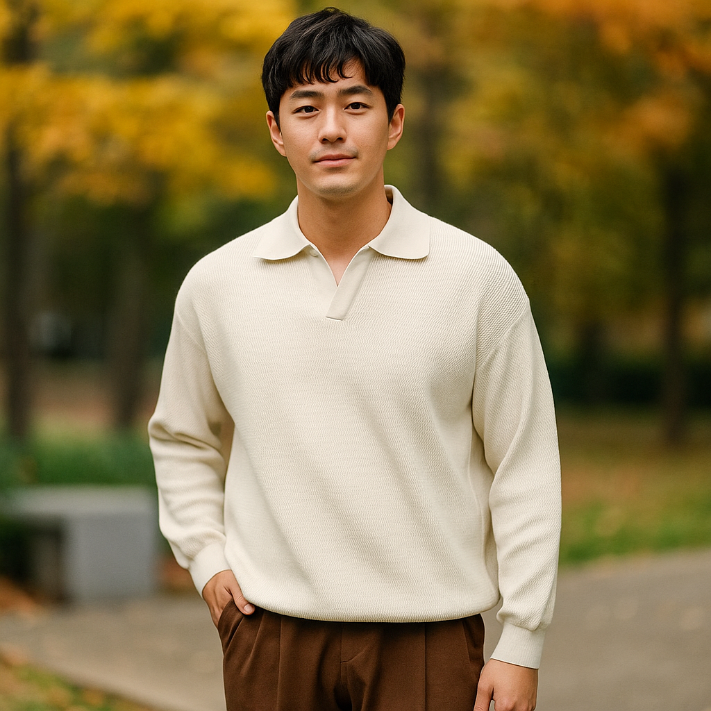 Pull en tricot pour homme - Coupe décontractée - Mélange de coton côtelé - Manches longues
