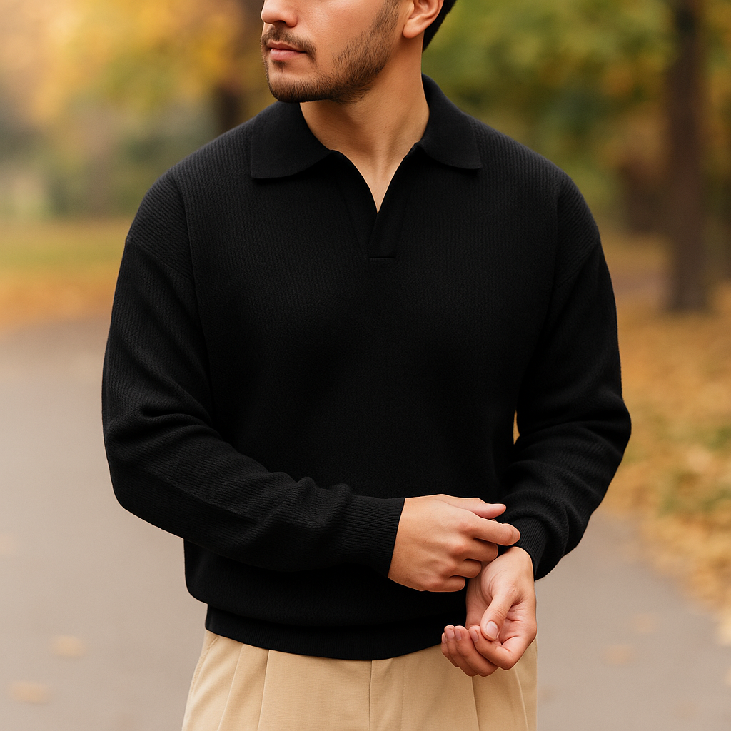 Pull en tricot pour homme - Coupe décontractée - Mélange de coton côtelé - Manches longues