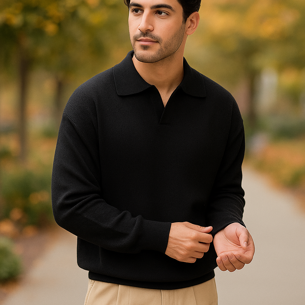 Pull en tricot pour homme - Coupe décontractée - Mélange de coton côtelé - Manches longues