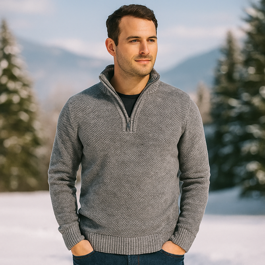 Pull Tricoté Homme - Mélange de Laine - Quart de Zip - Col Ribané - Coupe Classique