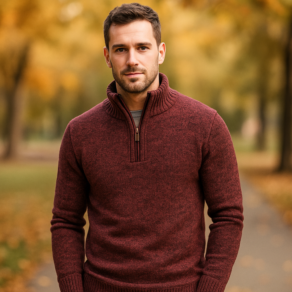 Pull Tricoté Homme - Mélange de Laine - Quart de Zip - Col Ribané - Coupe Classique