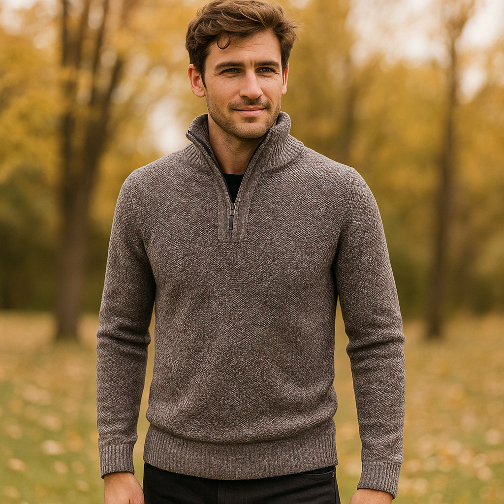 Pull Tricoté Homme - Mélange de Laine - Quart de Zip - Col Ribané - Coupe Classique
