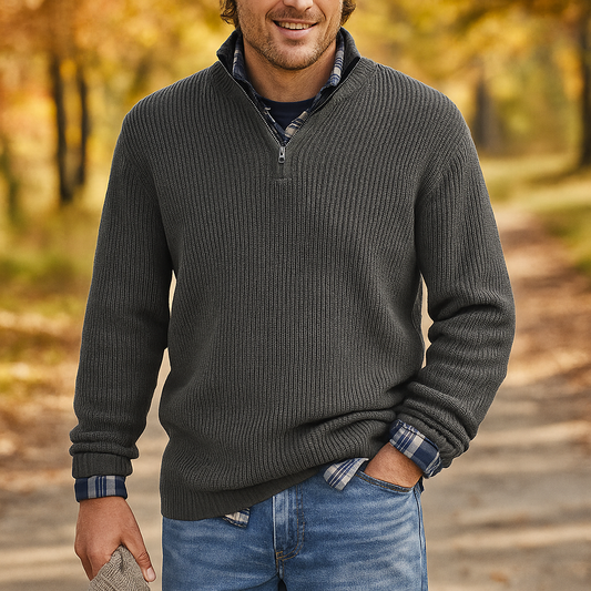 Pull homme à demi-zip - Texture côtelée - Col montant - Coupe décontractée