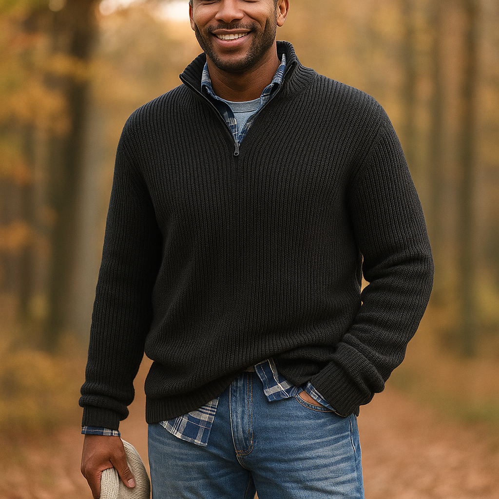 Pull homme à demi-zip - Texture côtelée - Col montant - Coupe décontractée
