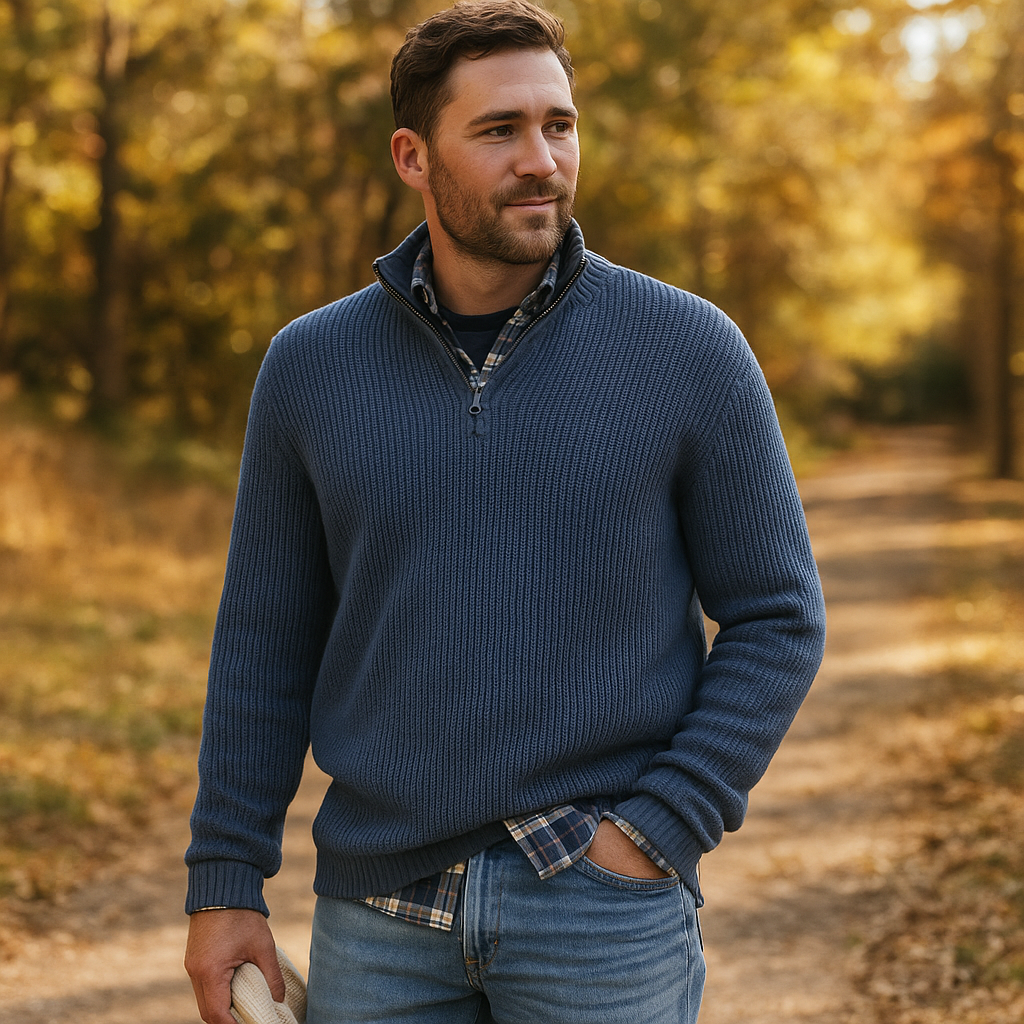 Pull homme à demi-zip - Texture côtelée - Col montant - Coupe décontractée