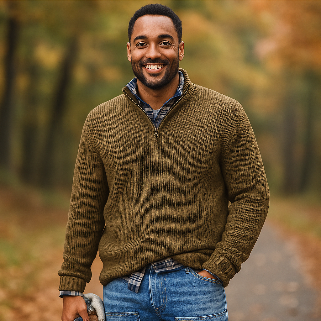 Pull homme à demi-zip - Texture côtelée - Col montant - Coupe décontractée