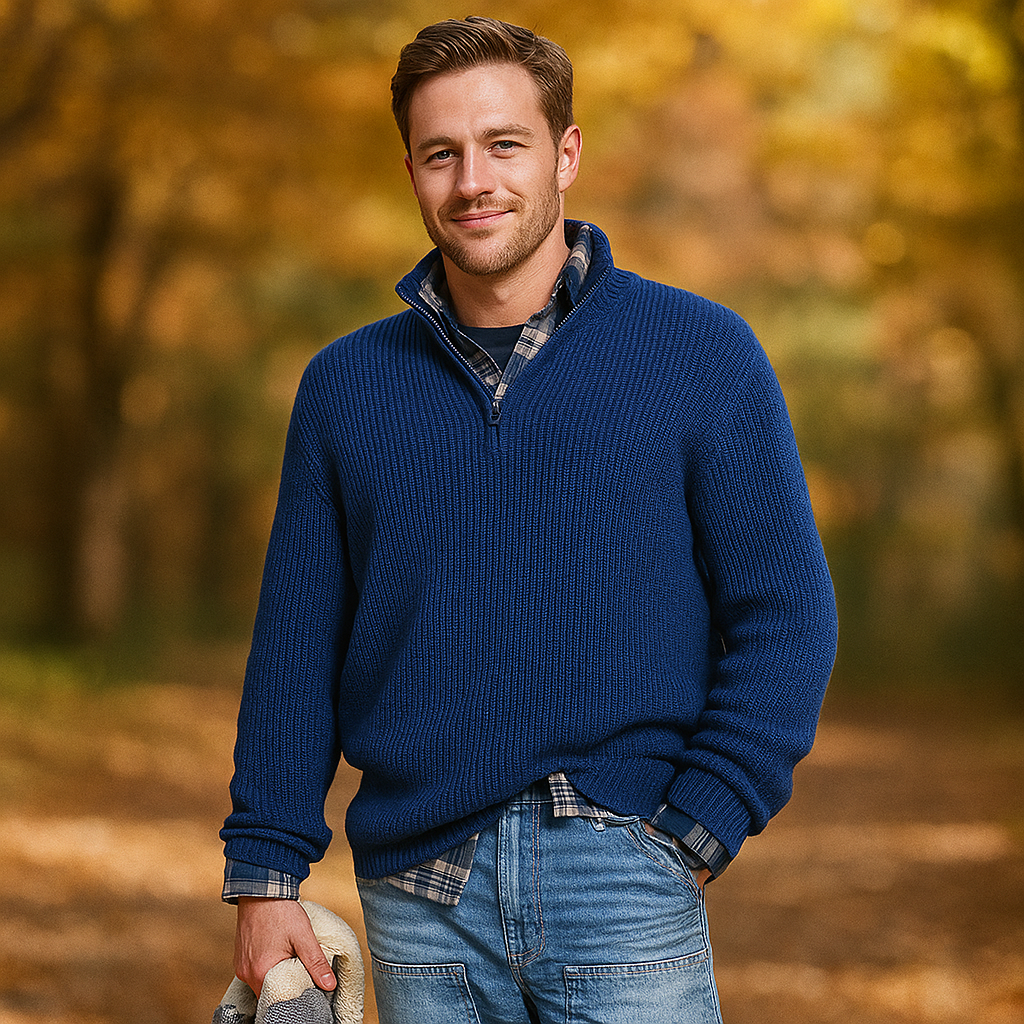 Pull homme à demi-zip - Texture côtelée - Col montant - Coupe décontractée