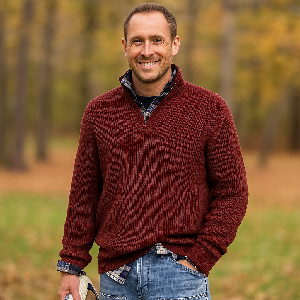 Pull homme à demi-zip - Texture côtelée - Col montant - Coupe décontractée
