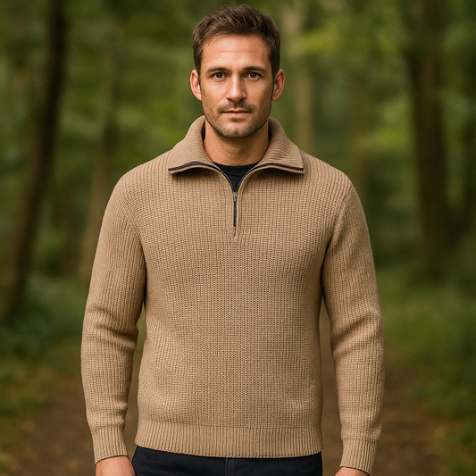 Pull Homme à Col Zippé - Tricot Structuré - Col Montant - Manches Côtelées