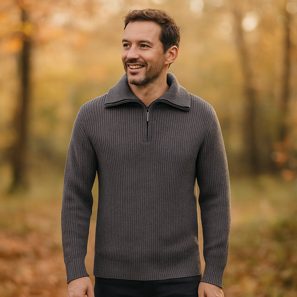 Pull Homme à Col Zippé - Tricot Structuré - Col Montant - Manches Côtelées