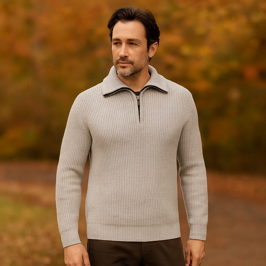 Pull Homme à Col Zippé - Tricot Structuré - Col Montant - Manches Côtelées