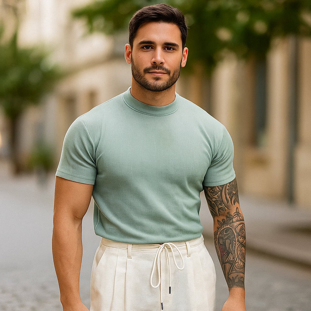 Haut en Tricot Ajusté à Rayures pour Hommes - Manches Courtes - Tissu Élastique Respirant