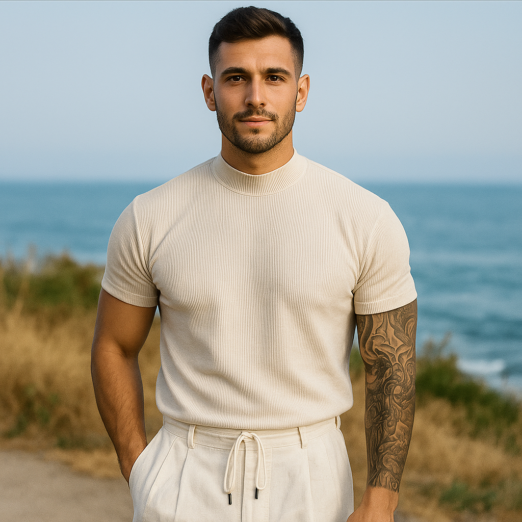 Haut en Tricot Ajusté à Rayures pour Hommes - Manches Courtes - Tissu Élastique Respirant
