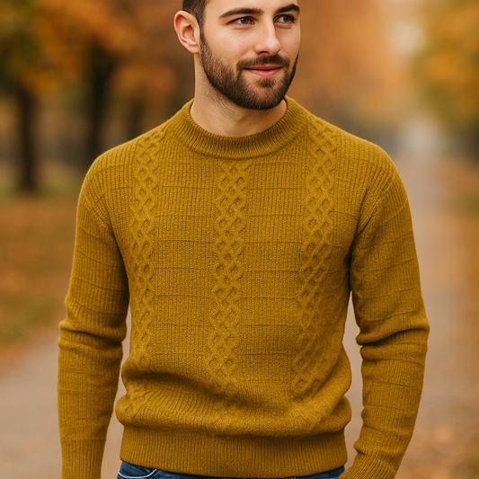 Pull en câble pour homme - Mélange de laine chaude - Coupe régulière - Col rond