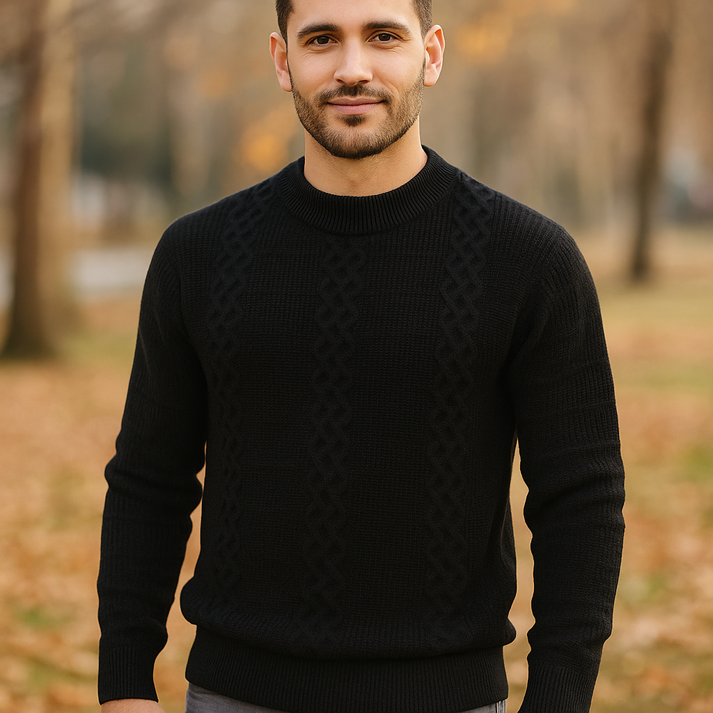 Pull en câble pour homme - Mélange de laine chaude - Coupe régulière - Col rond