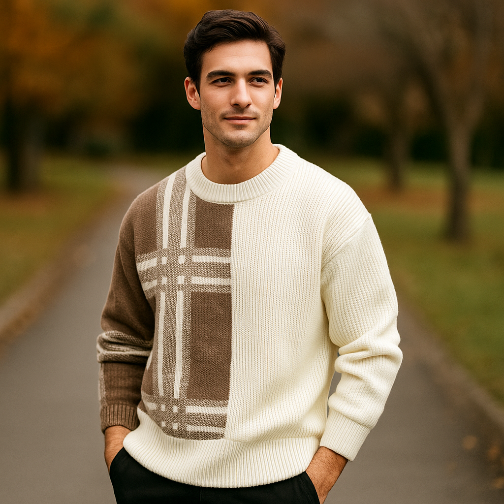 Pull Crew Neck pour Homme – Coupe Relaxée – Mélange de Laine – Patchwork en Côtes
