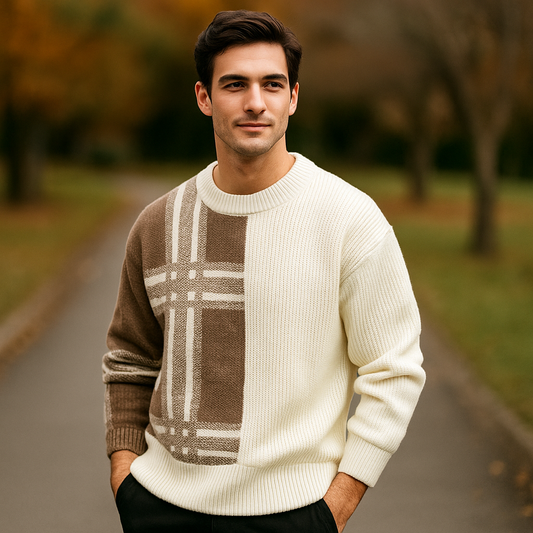 Pull Crew Neck pour Homme – Coupe Relaxée – Mélange de Laine – Patchwork en Côtes