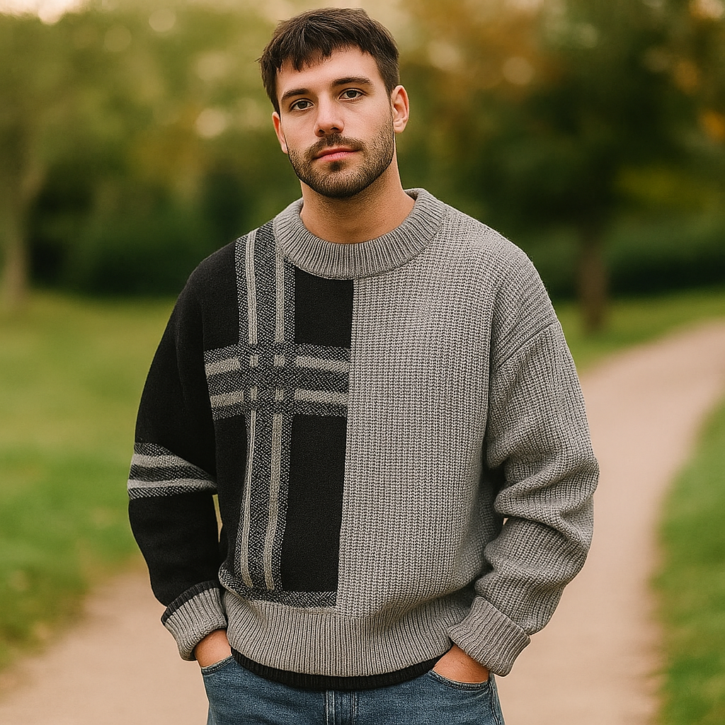Pull Crew Neck pour Homme – Coupe Relaxée – Mélange de Laine – Patchwork en Côtes