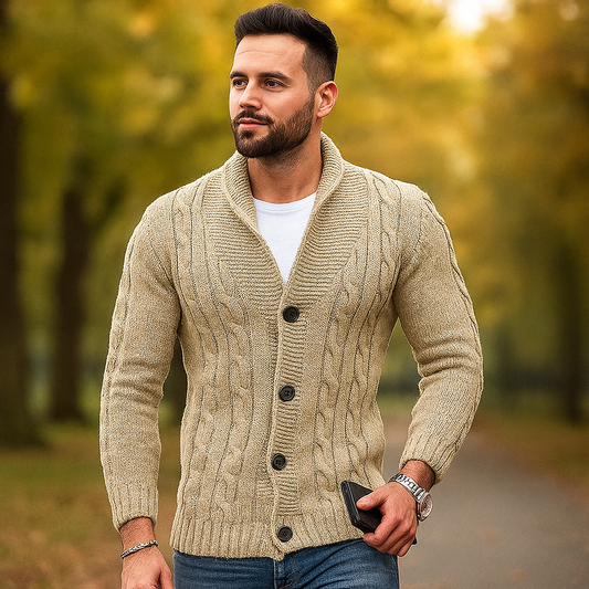 Cardigan pour Homme en Tricot à Câbles - Mélange de Laine - Col Épaules - Fermeture à Boutons