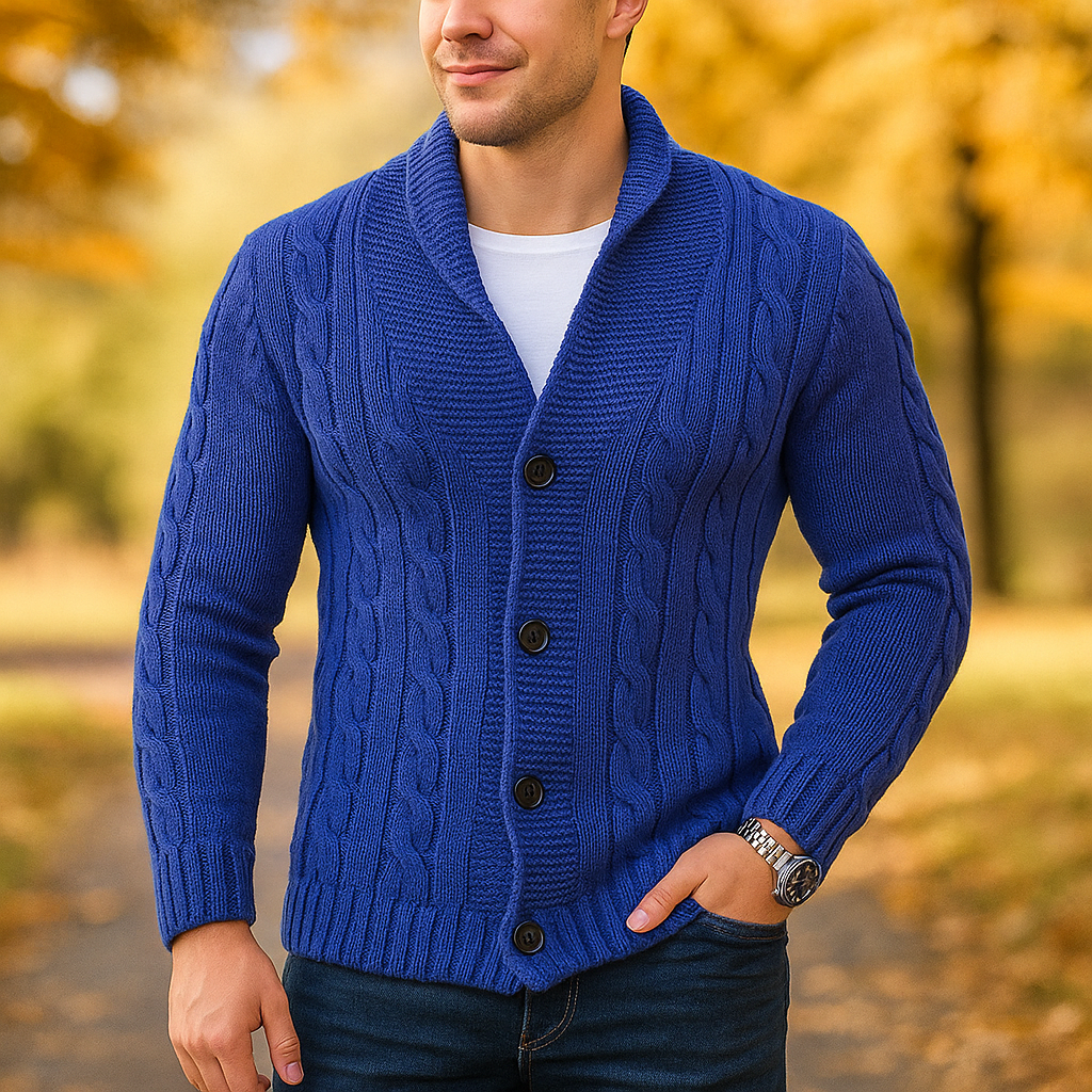 Cardigan pour Homme en Tricot à Câbles - Mélange de Laine - Col Épaules - Fermeture à Boutons