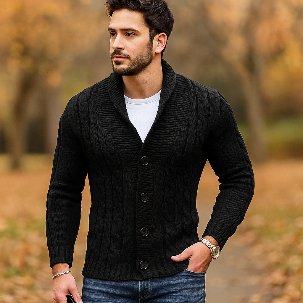 Cardigan pour Homme en Tricot à Câbles - Mélange de Laine - Col Épaules - Fermeture à Boutons