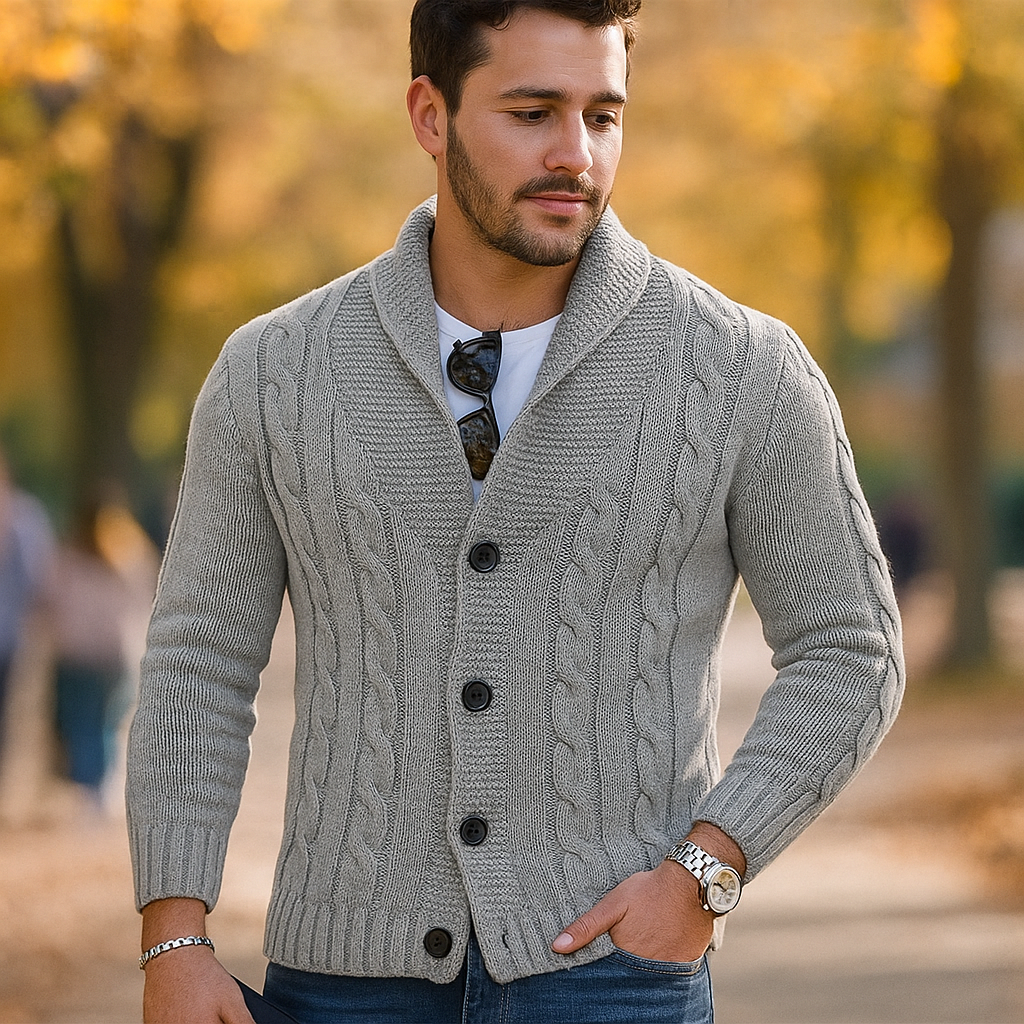 Cardigan pour Homme en Tricot à Câbles - Mélange de Laine - Col Épaules - Fermeture à Boutons