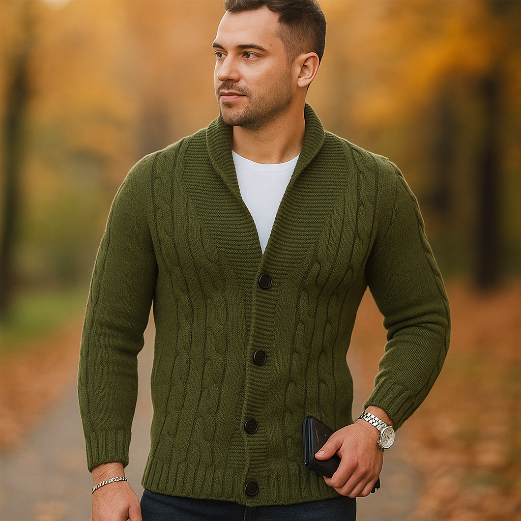 Cardigan pour Homme en Tricot à Câbles - Mélange de Laine - Col Épaules - Fermeture à Boutons