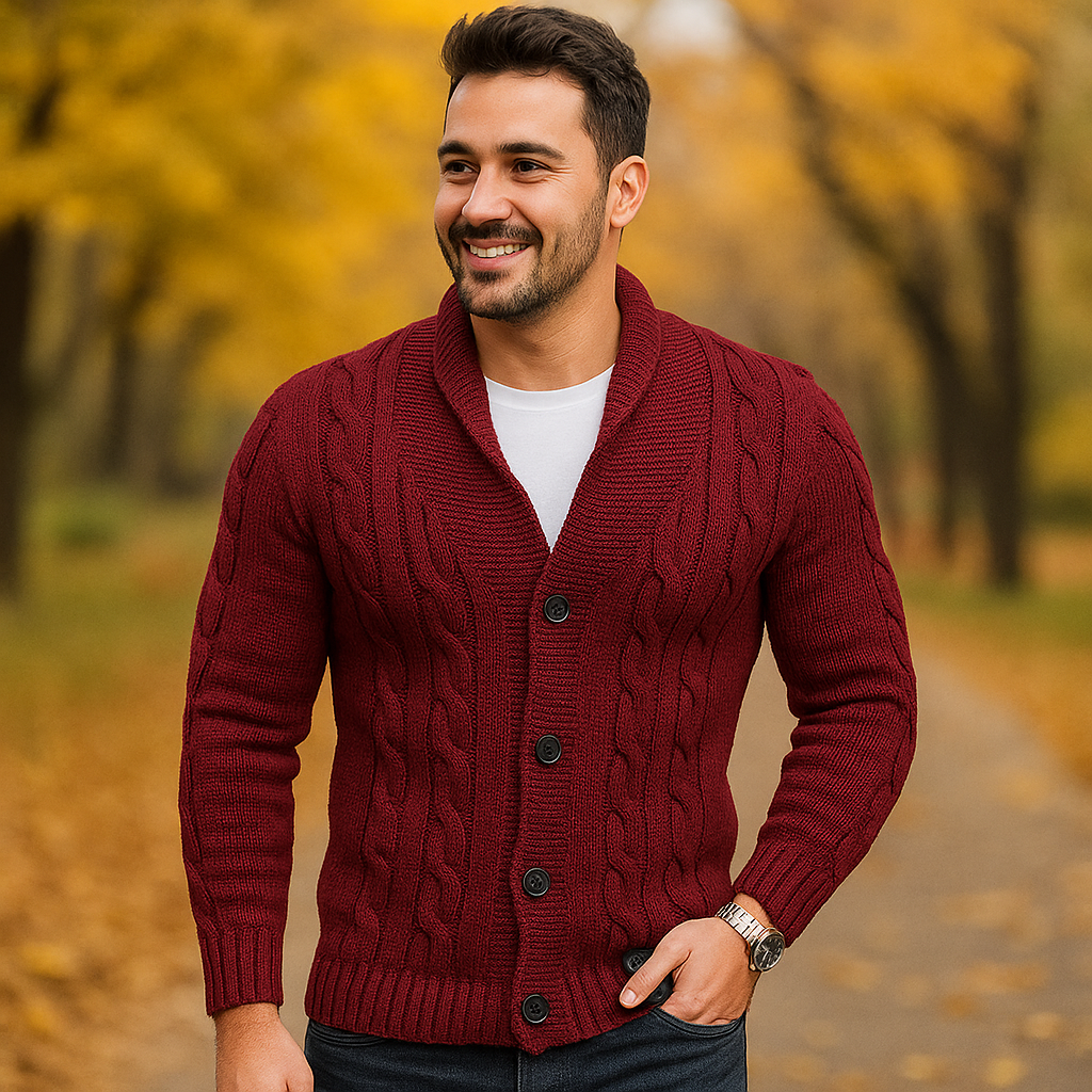 Cardigan pour Homme en Tricot à Câbles - Mélange de Laine - Col Épaules - Fermeture à Boutons