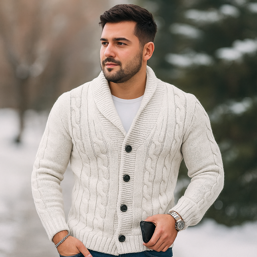 Cardigan pour Homme en Tricot à Câbles - Mélange de Laine - Col Épaules - Fermeture à Boutons