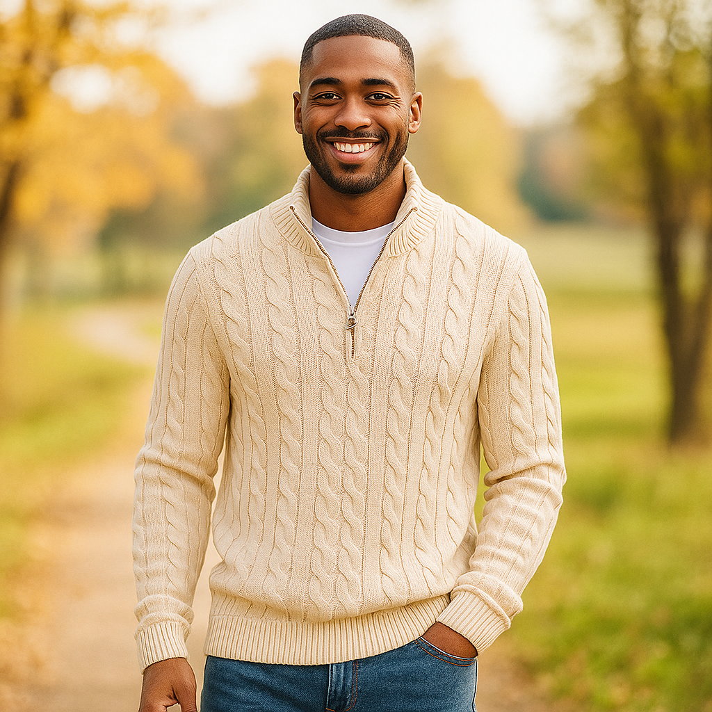 Pull en Câble pour Homme - Zip Quart - Col et Manches Côtelés - Chaud & Élégant