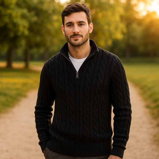 Pull en Câble pour Homme - Zip Quart - Col et Manches Côtelés - Chaud & Élégant