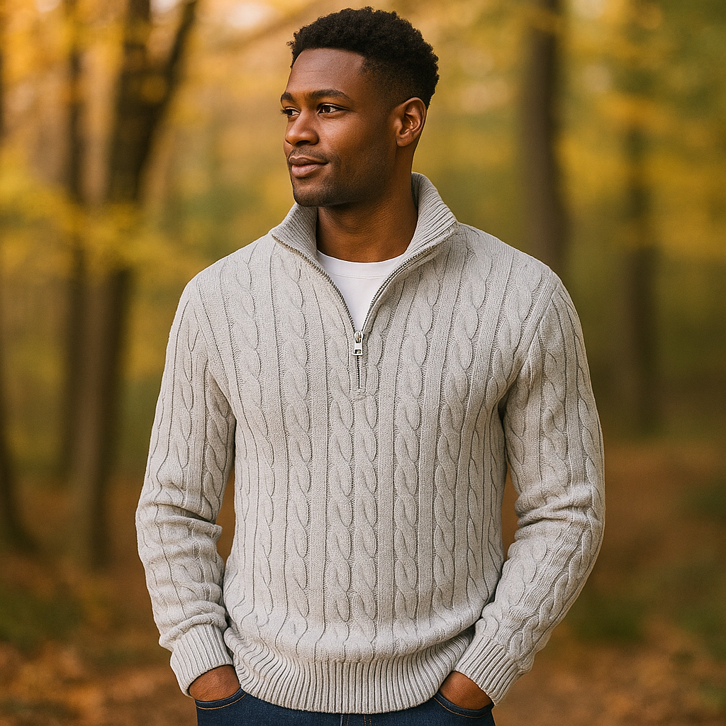 Pull en Câble pour Homme - Zip Quart - Col et Manches Côtelés - Chaud & Élégant
