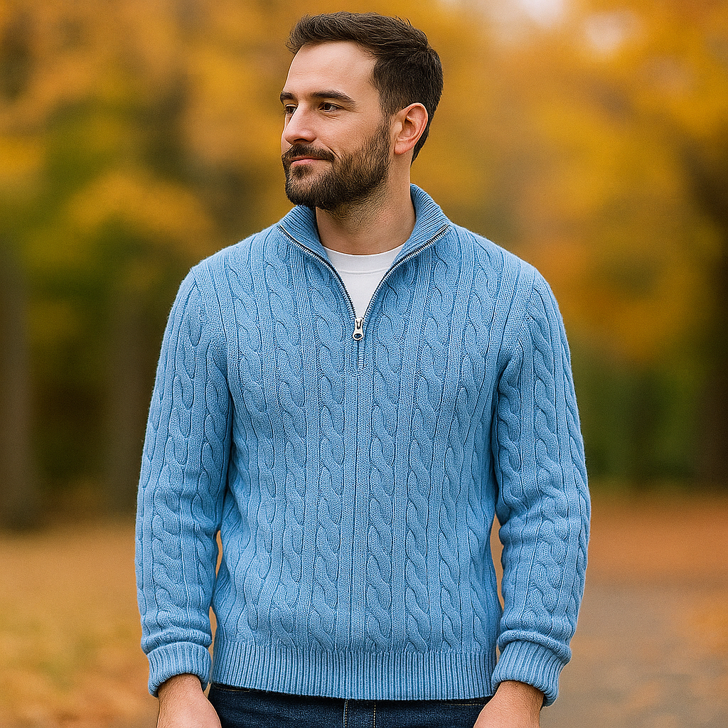 Pull en Câble pour Homme - Zip Quart - Col et Manches Côtelés - Chaud & Élégant