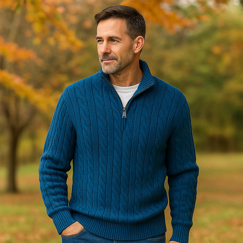Pull en Câble pour Homme - Zip Quart - Col et Manches Côtelés - Chaud & Élégant