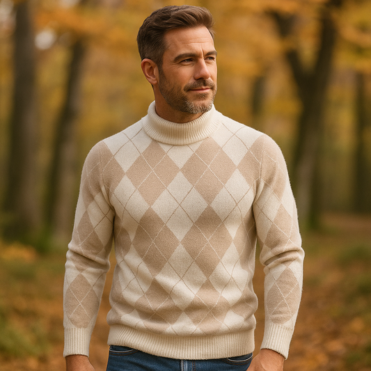 Pull Argyle pour Homme - Col Rond - Tricoté - Manches Longues - Motif Classique