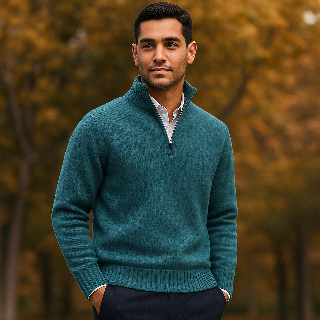 Pull Zippé Quart de Manche pour Homme - Tricot Doux - Col Montant - Poignets Côtelés