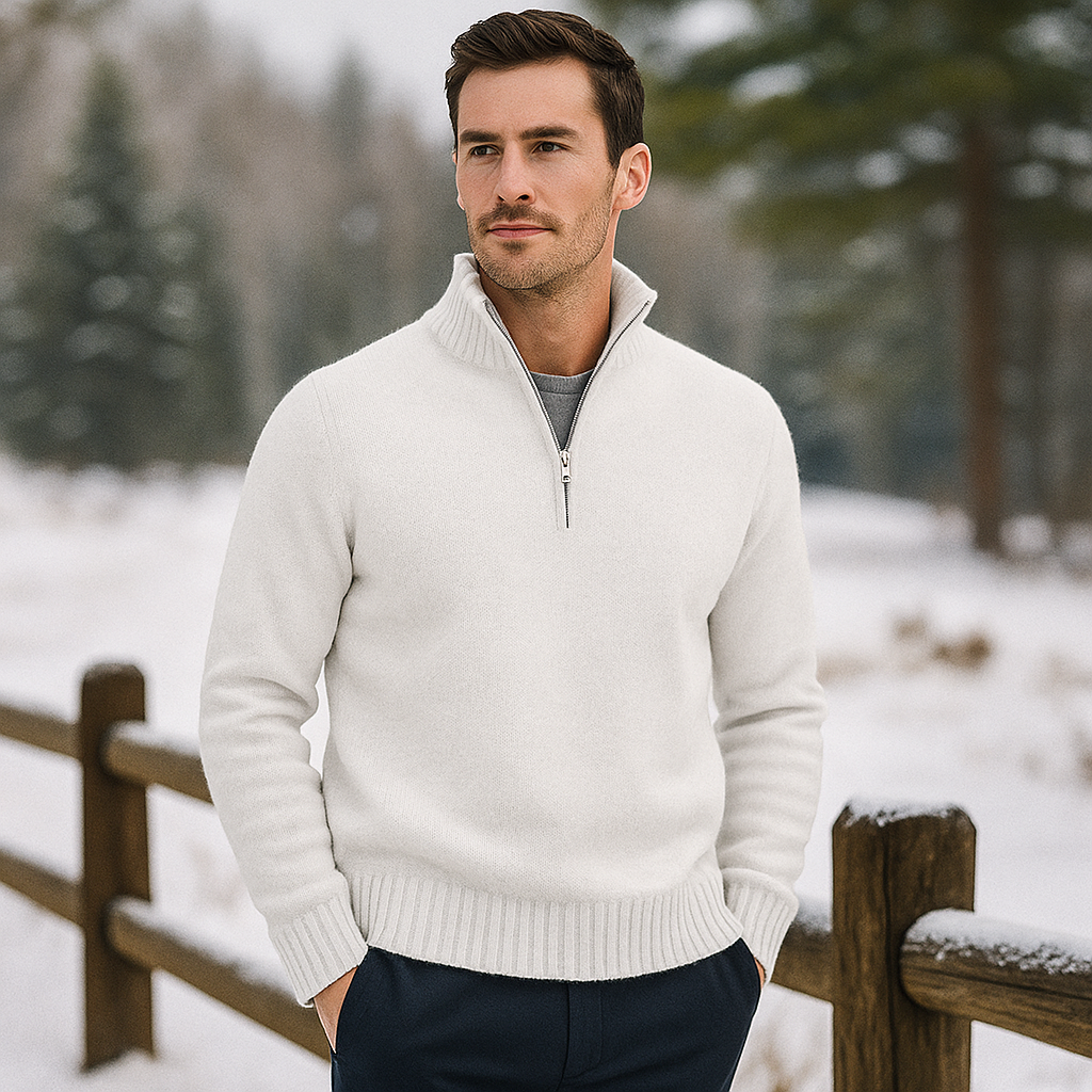 Pull Zippé Quart de Manche pour Homme - Tricot Doux - Col Montant - Poignets Côtelés