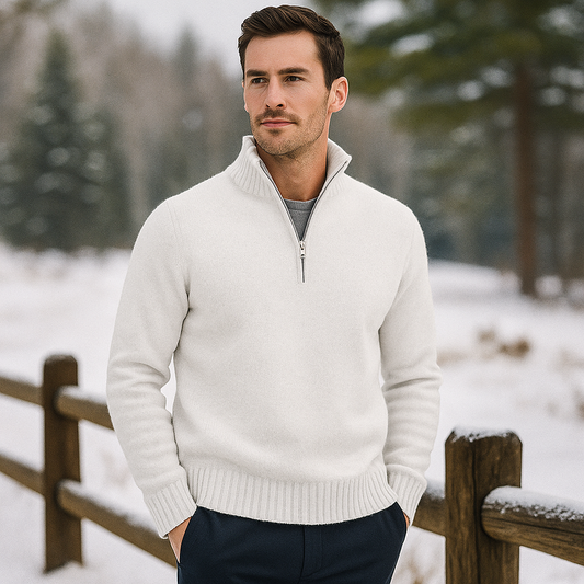 Pull Zippé Quart de Manche pour Homme - Tricot Doux - Col Montant - Poignets Côtelés