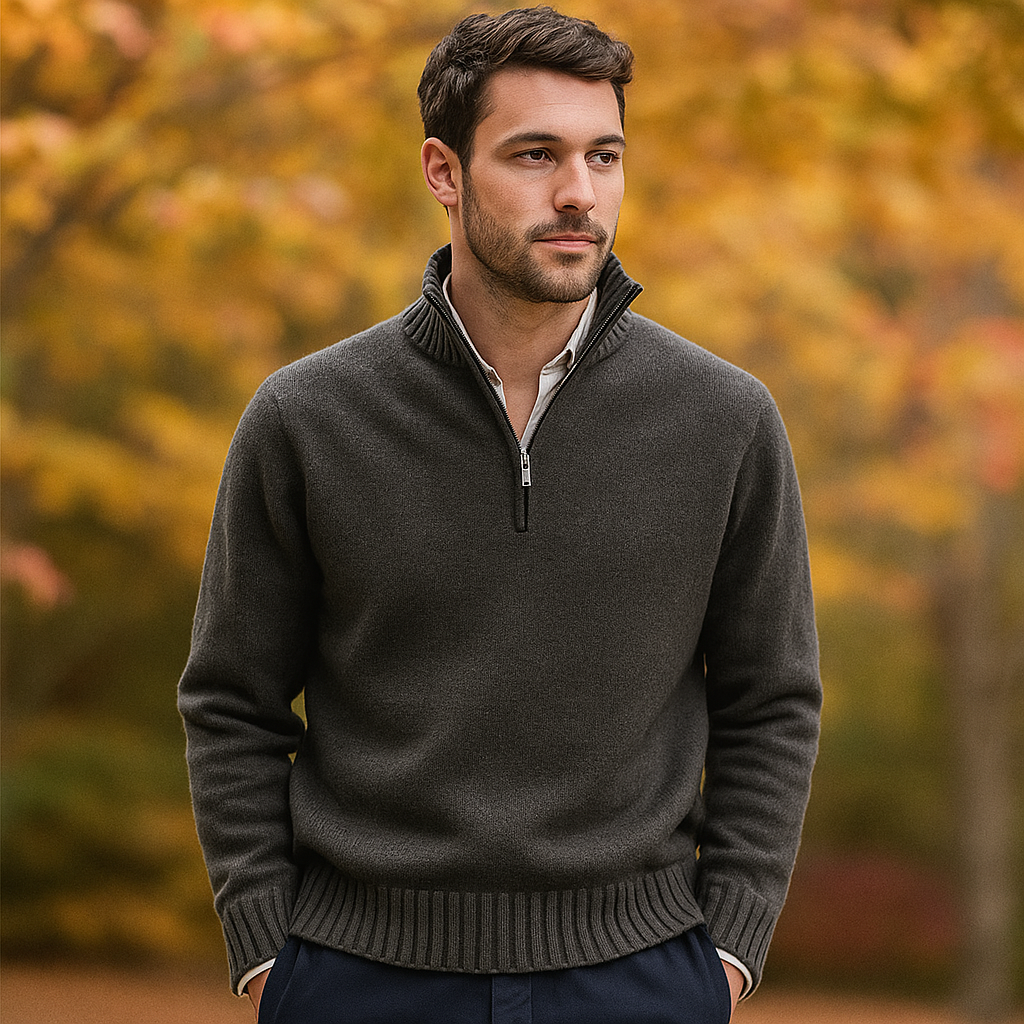 Pull Zippé Quart de Manche pour Homme - Tricot Doux - Col Montant - Poignets Côtelés