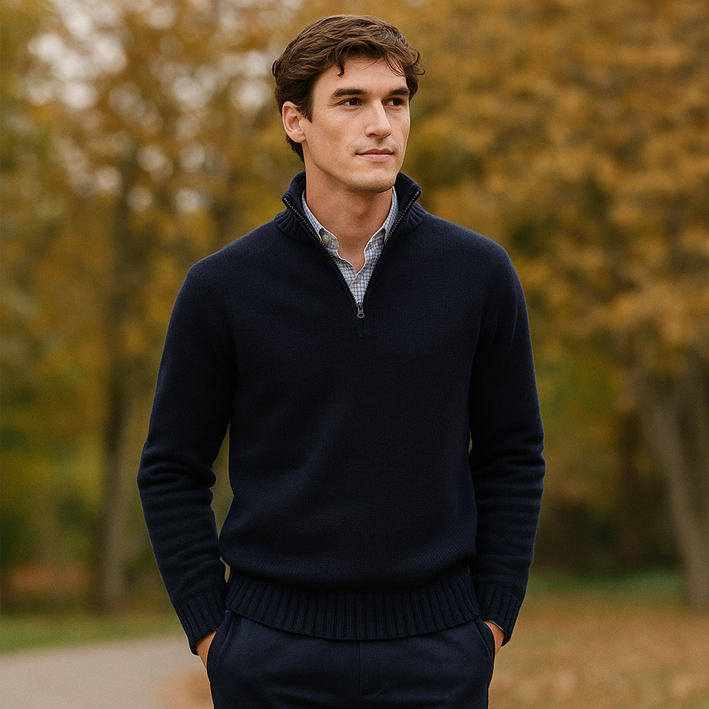 Pull Zippé Quart de Manche pour Homme - Tricot Doux - Col Montant - Poignets Côtelés