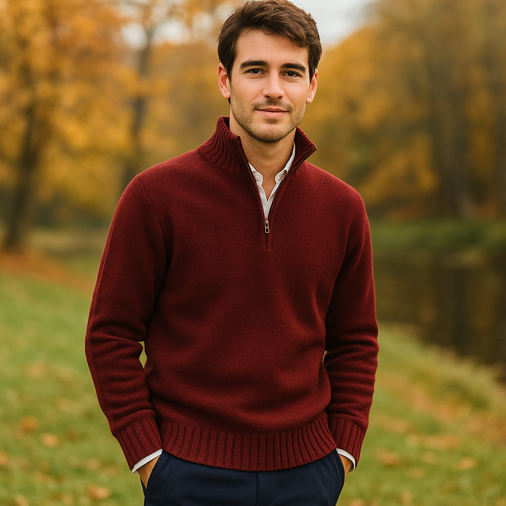 Pull Zippé Quart de Manche pour Homme - Tricot Doux - Col Montant - Poignets Côtelés