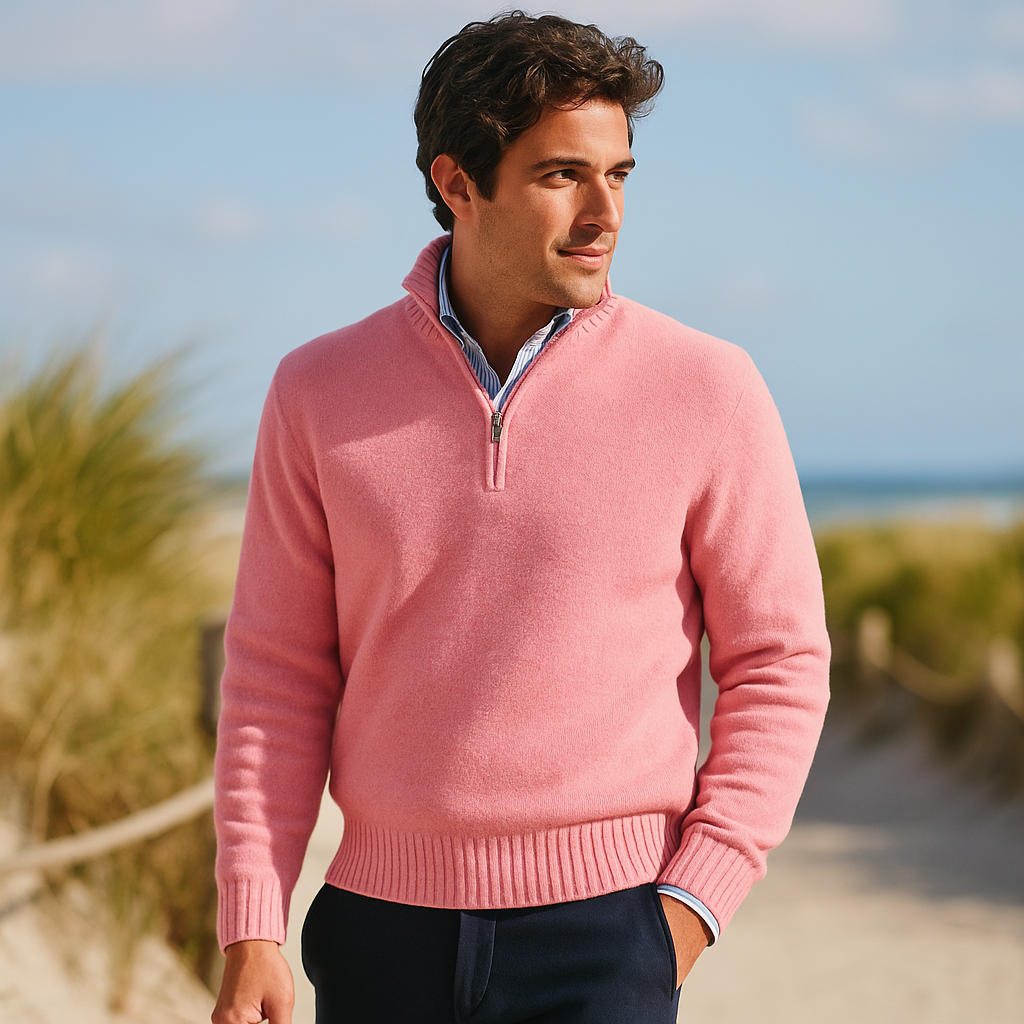 Pull Zippé Quart de Manche pour Homme - Tricot Doux - Col Montant - Poignets Côtelés