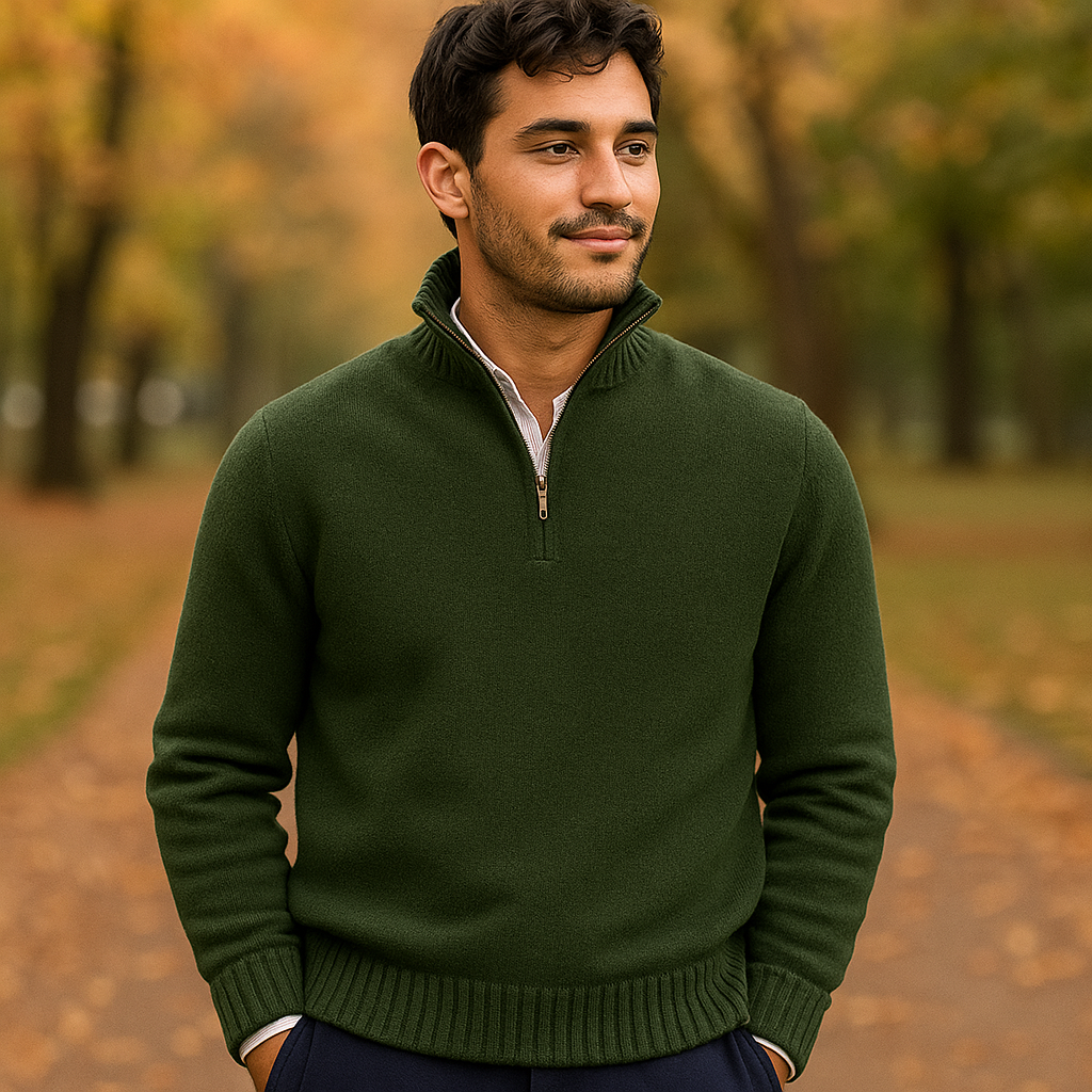 Pull Zippé Quart de Manche pour Homme - Tricot Doux - Col Montant - Poignets Côtelés