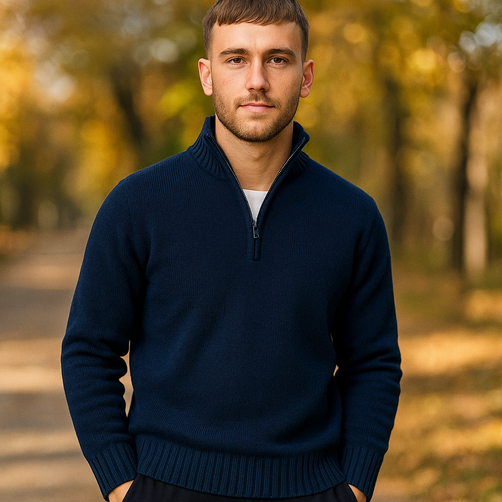 Pull Zippé Quart de Manche pour Homme - Tricot Doux - Col Montant - Poignets Côtelés