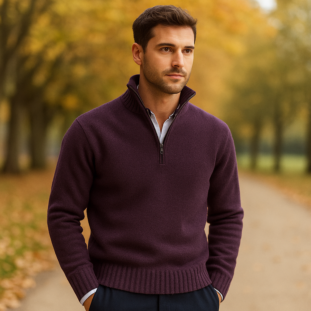 Pull Zippé Quart de Manche pour Homme - Tricot Doux - Col Montant - Poignets Côtelés