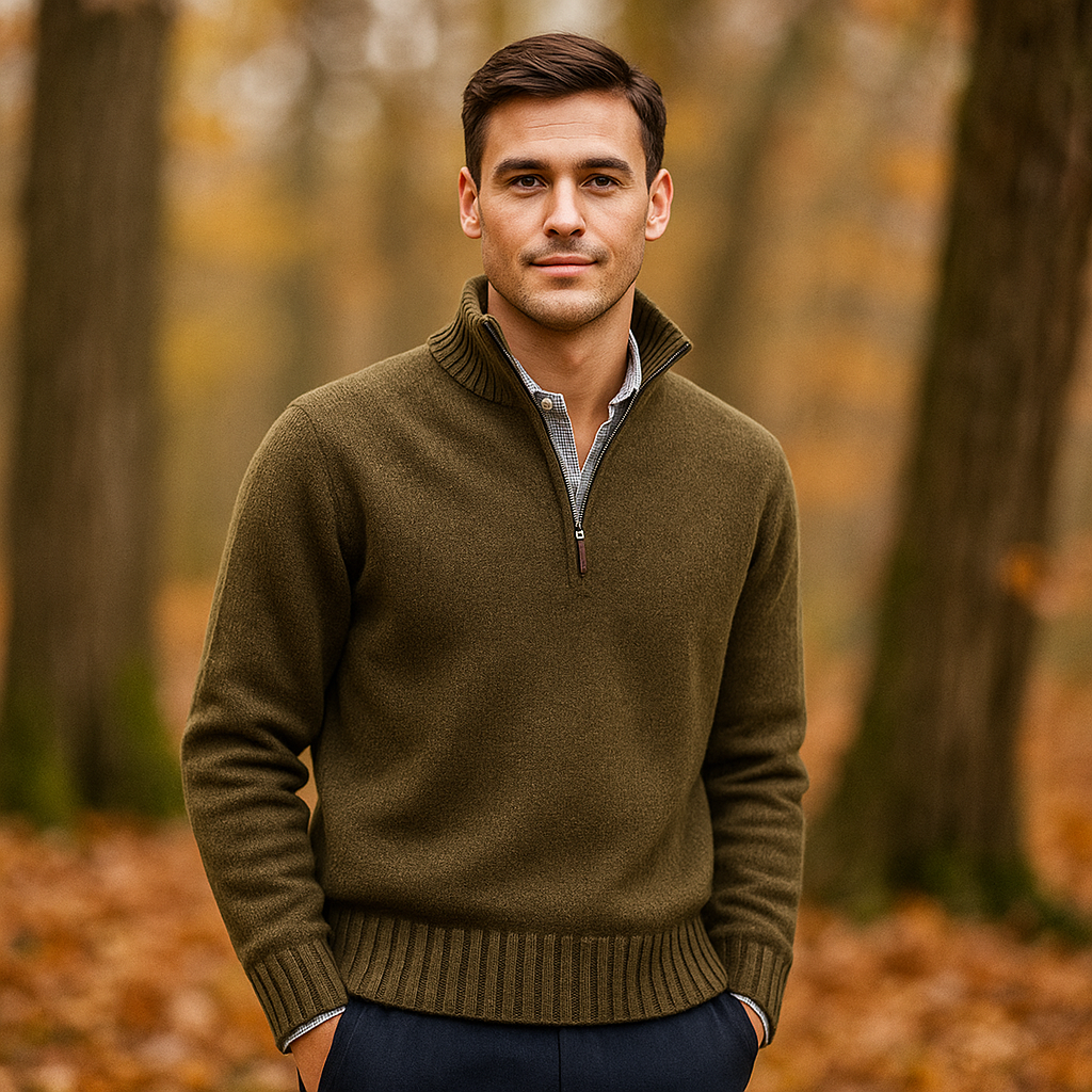 Pull Zippé Quart de Manche pour Homme - Tricot Doux - Col Montant - Poignets Côtelés