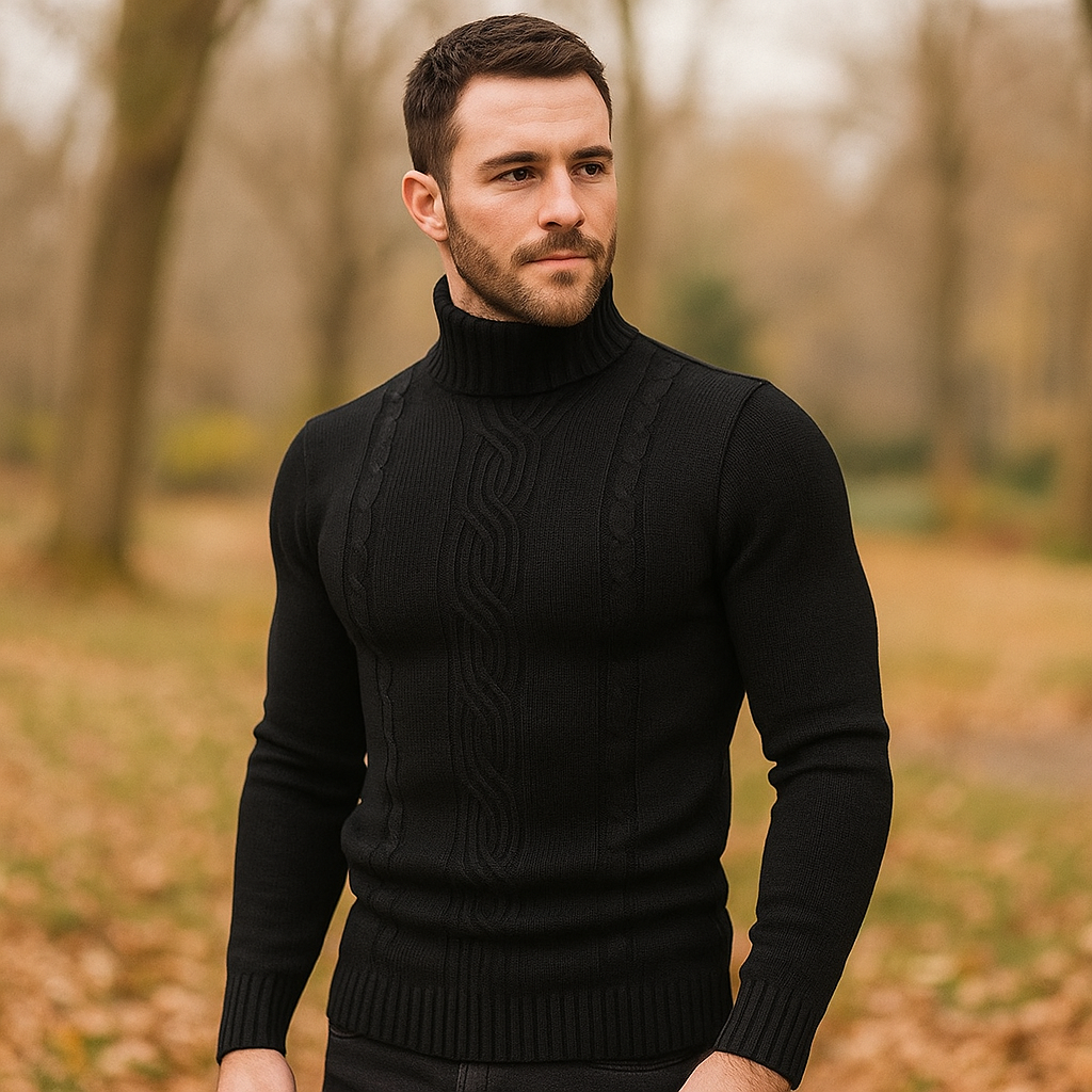 Pull à col roulé pour homme - Tricot en câble chaud - Manches et bord côtelés
